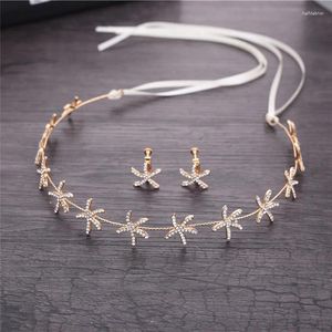 Hair Clips Luxury Jewelry Starfish Crystal Bride Tiaras Wedding Accessories Headdress Gold Color Headbands Ribbon Chain Gift