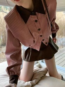 Kvinnors spårskidor Korobov Autumn French Contrast Color Lapel Pink Rands Top High midje Läder Blomma kjol Byxor 2 Piece Set Women