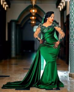 Emerald Green Mermaid Evening Dresses Illusion Back Long Sleeve Party Prom Dresses Lace Appliques Evening Gowns with Train Celebrity Dress Arabic Aso Ebi