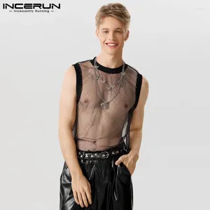 Men's Tank Tops INCERUN 2023 American Style Sexy See-through Mesh Sequin Casual Party Flash Fabric Thin Waistcoat S-5XL