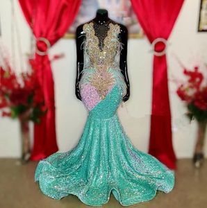 African Style Sequins Mermaid Prom Dresses For Pageant Girl With Gold Beaded Feathhers Crystal Birthday Gala Party Gowns