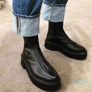 Black Chunky Platform Boots Leather Front Zip Shoes Platform Combat Boot Low Heel Ankel Boots Ankel Designers Shoes Factory Footwear