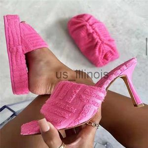 Slippers 2021 New Women Square Toe Low Heel Mule in Pink Terry Towel Fabric Ladies Grass Green Thick Sole Slide Sandals J231108