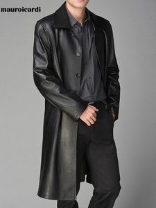 Couro masculino falso mauroicardi outono longo preto trench coat para mulher manga único breasted luxo estilo britânico moda 231108