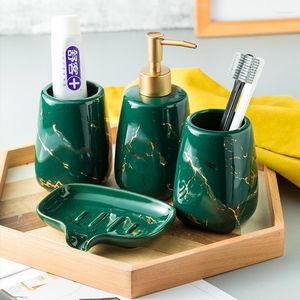 Bath Accessory Set Bathroom 4 PCS Green Ceramic Decor Soap Dispenser Dish And 2 Tumbler Gadget Organizer Toothpaste Holder