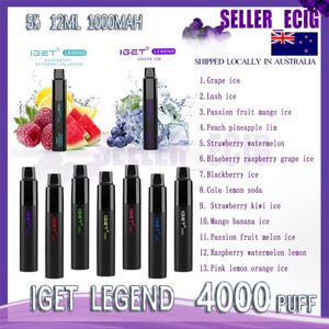 En Kaliteli Iget Legend 4000 Pufs E Sigara Tek Kullanımlık Vapes Pod Cihaz 1000mAh Pil 5% 12ml Kartuş Başlangıç ​​Kiti Avustralya'da Küçük Gemiler