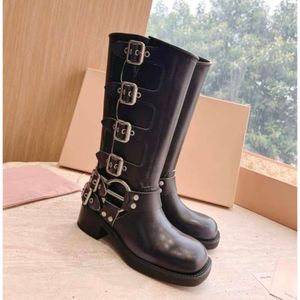 2023 High Boots moto Boots cowboy Y2k Style over the knee Brown Leather Boot Cowgirl Boots Round Toe Chunky Heel Martin Boots Harness booties 10A quality