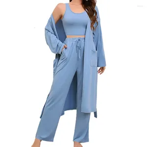 Women's Two Piece Pants Casual Fall 3 Sets Women Outfit Blue Loose Elegant Long Sleeve Female Pajamas Set Lace-up Pockets Winter Lady Home