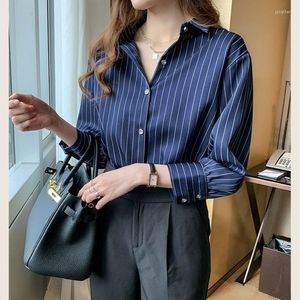 Kvinnors blusar Kvinnor Striped Vintage Elegant Long Sleeve Casual Womens Tops 2023 Autumn Professional Shirts For Office Ladies