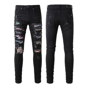 Moda verão amiryes reto elástico buraco remendo lavado algodão masculino preto slim jeans