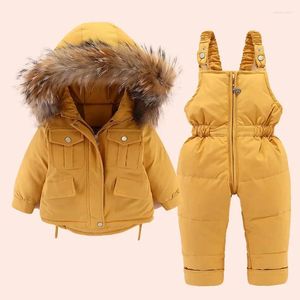 Down Coat 2pcs Set Bebek Kız Kış Ceketi ve Tulum Çocuklar İçin Sıcak Kürk Yakası Kızlar Bebek Snowsuit 0-6 yıl