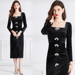 Woman Slim Party Split Wrap Hip Dress French Designer Puff Sleeve Square Neck Polka Dot Bow Black Vacation Velvet Skinny Dresses 2023 Spring Fall Prom Ballgown Frocks