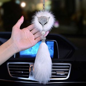 Decorations Crystal Bling Fox Plush Fur Tail Ball Pendant Animal Car Interior Decoration Rear View Mirror Ornament Accessories for Women AA230407
