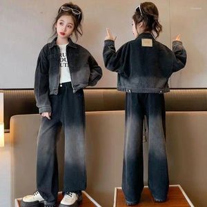 Kläder sätter tonåring flickor svart denim kostym gradient enkel bröst kappa bred ben byxor två stycken lös kausal mode hösten 4-12 år