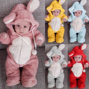 Rompers Winter Baby Born Toddler Girls Clothes Rabbit Ear Hooded Jumpsuit Spädbarnsdräkt Fleece Thick Boys Romper Pyjama 230407