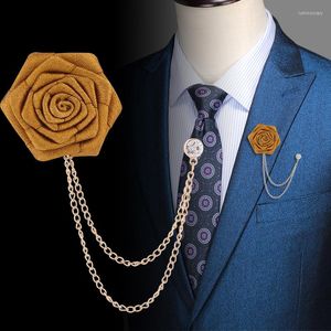 Brosches Luxury Fabric Rose Flower Brooch Pins Crystal Tassel Chain Badge Suit Corsage Party Wedding Fashion Jewelry for Men Accessories