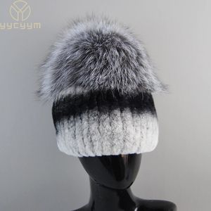 Beanie/Skull Caps Good Elastic Natural Fluffy Silver Fox Fur Hat Winter Women Sticked Real Rex Rabbit Fur Hats Lady Real Fur Cap Wholesale 231108