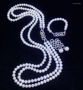 Серьги ожерелья набора ювелирных украшений натуральные жемчужины 2 пряди белые колье /браслет /шпилька CZ