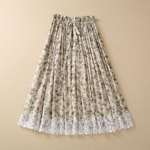 Skirts European and American womens clothes 2023 spring new Purple print patchwork lace Fashion cotton pleated skirt