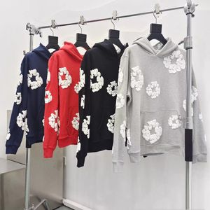 Męskie dżinsy łzy designer z kapturem oryginalny bawełniany kwiatowy bluza haft haftowany list z kapturem unisex amerykańska moda hip -hop Sweter