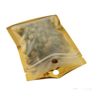 Sacchetti di plastica con chiusura a zip in oro di qualità 8x13 cm Richiudibile opaco / trasparente Borsa con cerniera per alimenti secchi a prova di odore con foro per appendere 100 pz / lotto