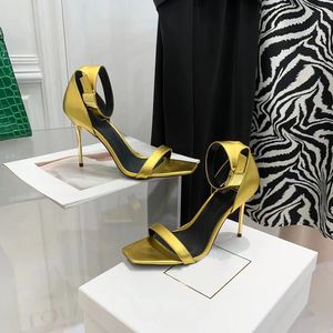 Couro Genuíno Banda Estreita de Salto Alto Designers de Luxo Sapatos Stiletto Sandálias Mulheres Sapatos de Festa Buckle10.5cm Bombas de Salto Metálico Sapatos de Noite