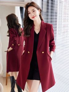 Women's Trench Coats Mid Length Suit Coat Autumn And Winter 2023 In Black Burgundy Blue Professional Female Casual Jacket