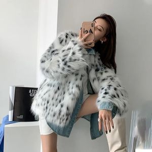 Pele feminina pele sintética outono e inverno preto e branco manchado leopardo casaco de pele feminina de comprimento médio imitação de pele de raposa jovem casaco 231109