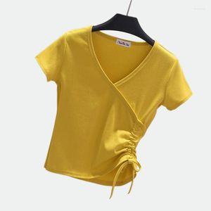 Women's T Shirts SALSPOR Side Drawstring Tops Sexy Deep V-Neck T-Shirt Women Slim Crop Top High Waist Fit Shirt Female Blouses Drop