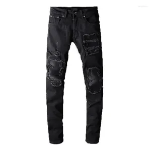 Мужские джинсы Черные рваные ребра в стиле пэчворк High Street Slim Fit Skinny Stretch Fashion Style Streetwear Ripped