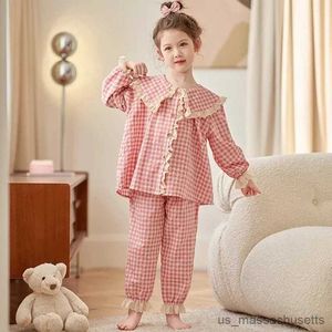 Pajamas Spring Autumn Autumn Girls 'Sleeve Pajamas Sweet Princess Style Long Sleeve+Pants Pajamas 2 قطعة منزل ملابس المنزل R231108