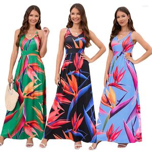 Lässige Kleider 2023 Sommer Frauen sehen sexy aus Beach Wear Open Back Kleid ärmellos Tropical Print V-Ausschnitt Maxi