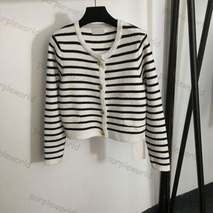 Kvinnor Cardigan Black and White Stripes Matchande Color Design Crew Neck Sweater Coat Långärmad casual stickad Cardigan