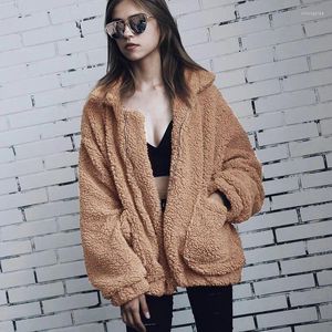 Pele feminina 2023 outono inverno elegante casaco falso casual manga longa bolso com zíper jaqueta de lã feminina topos moda teddy plus size