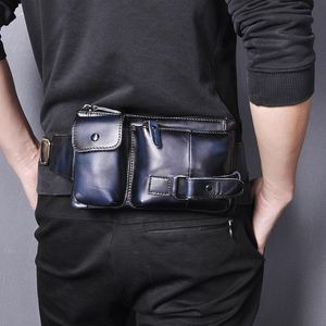 Midjepåsar 2023 Trend Original läder Män Fashion Blue Travel Fanny Belt Bag Chest Pack Sling Clutch Design Telefonfodral Male 8135