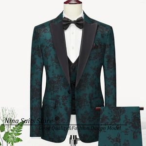 Ternos masculinos Gwenhwyfar Olive Green Terno Preto Floral 3 Fotos Homens Formal Reunião Festa Smoking 2024 Único Breasted Blazer Inclui Calças Colete