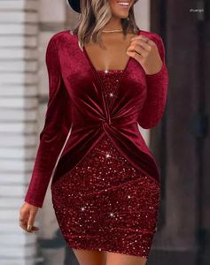 Casual Dresses Women's Sexy Fashion 2023 Autumn Clothes Long Sleeve Asymmetrical Neck Velvet Contrast Sequin Twisted Mini Party Dress