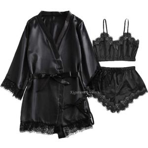 Women's Sleep Lounge 3PC Women Sexy Lingerie Sleepwear Lace Satin Sleepwear Lingerie Camisole Nighty Robe Pajamas Set Sleep Wear Homewear Nightgown P230408