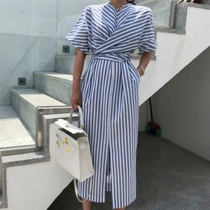 Koreanska kvinnor sommar bomullsblå randig bandage delad lång klänning kvinnlig lång bodycon plus storlek vestido robe femme ete sukienki mx2257k