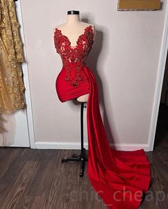 Red Short Prom Party Dresses Beaded Lace Evening Gowns Occasion Party Dress Red Train Arabic Aso Ebi Reception