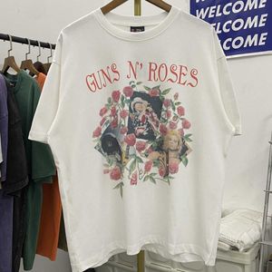 Gunsn Rose Gunshot Band Wash Used Print Vtg High Street Retro Loose Casual Short Sleeve T-shirt