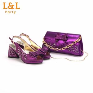 Dress Shoes 2024 Selling High Heels Purple Color Peep Toe Shoes and Bag Set For African Women Wedding Party Pump 231108