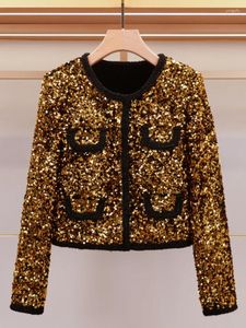 Damenjacken Vintage Gold Pailletten Cropped Top Jacke Frauen Herbst Koreanische Mode Rundhals Kurzmantel Womans Chic Outwear Weiblich