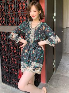 Casual Dresses Top Quality Retro Lace PrintingV Summer Style Open Flared Sleeve Loose Wide Leg One-piece Shorts