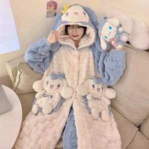 Women's Sleepwear 2pcs Bathrobes For Women Hooded Pajamas 2023 Winter Long Sleeve Coral Fleece Nightgown Cartoon Thickened Velvet Flannel