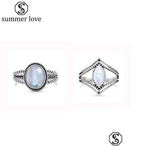 Anelli a fascia New Vintage Artificial Moonstone Women Sier European Fashion Punk Style Wedding Engagement Jewelry all'ingrosso Dhm8W