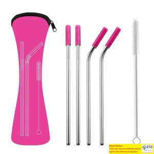 6Pcsset Reusable Stainless Steel Straight Bent Drinking Straws with Silicone Tips for Cold Beverage Drink Bar Tools