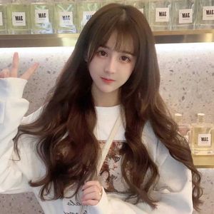 Ge koreansk version av Internet Celebrity Wig Female Long Curly Hair Large Wavy Air Bangs Fluffy and Natural Temperament Full Face and Hair Cover