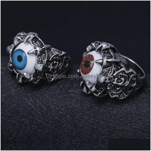 Band Rings Wholesale Uni Punk Retro Dragon Claw Red Evil Eye Skl Stainless Steel Biker Ring Drop Delivery Jewelry Ring Dhgy1