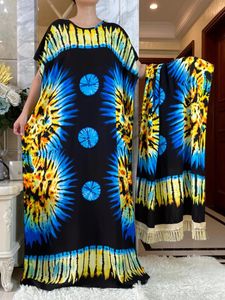 Ethnic Clothing Summer Party Dubai Short Sleeve African Women Dress With Big Scarf Printing Cotton Elegant Maxi Casual Loose Abya